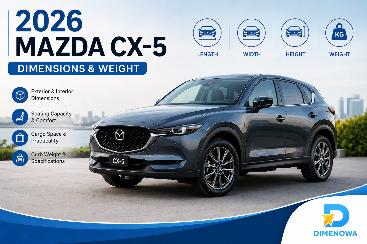 Mazda CX-5 dimensions and weight guide featuring a modern Mazda CX-5 SUV in a premium outdoor setting.