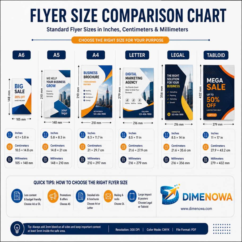 Flyer size comparison chart showing A6, A5, A4, Letter, Legal, and Tabloid flyer sizes in inches, centimeters, and millimeters