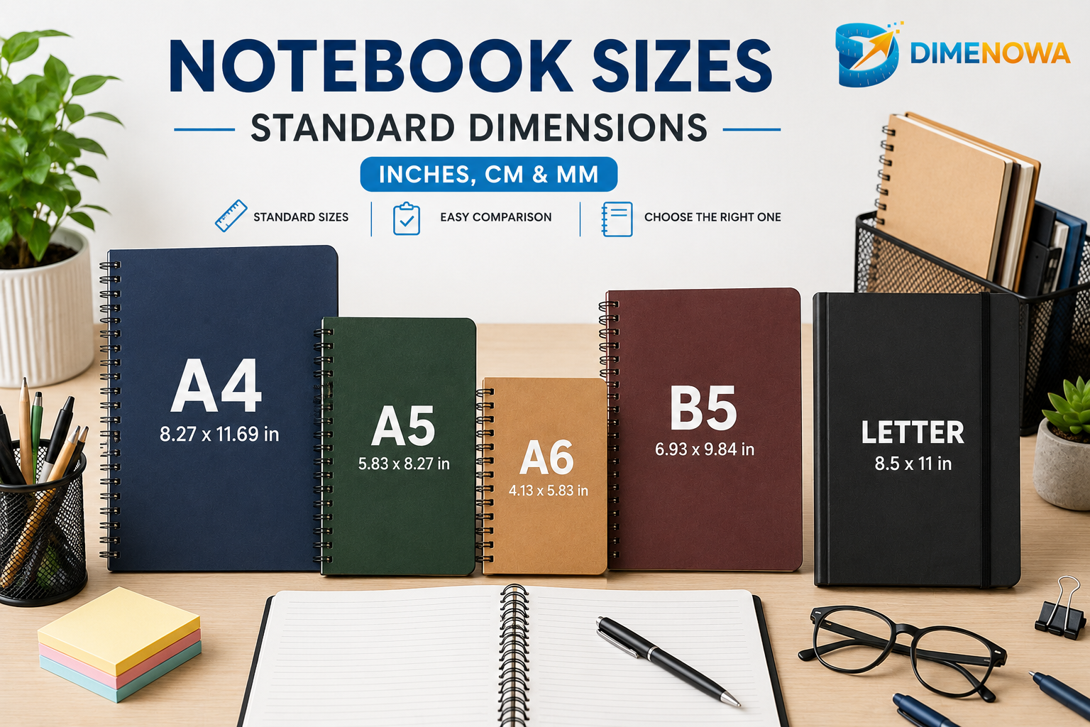 Notebook sizes comparison showing A4, A5, A6, B5, and Letter notebooks on a clean desk.