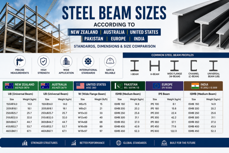 Steel beam sizes comparison chart for New Zealand, Australia, United States, Pakistan, Europe, and India