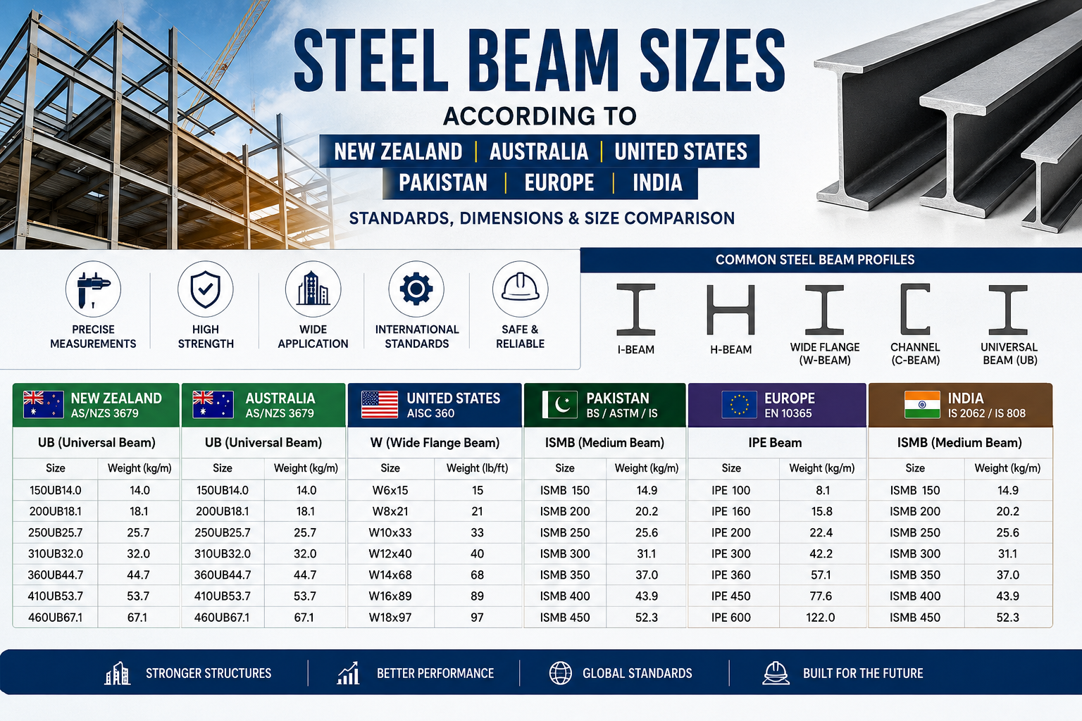 Steel beam sizes comparison chart for New Zealand, Australia, United States, Pakistan, Europe, and India