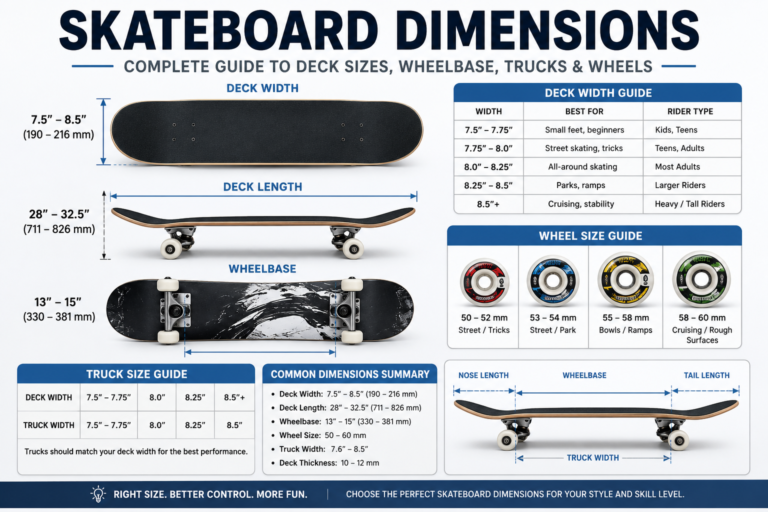Standard skateboard dimensions showing deck width, deck length, wheelbase, truck size, and wheel sizes