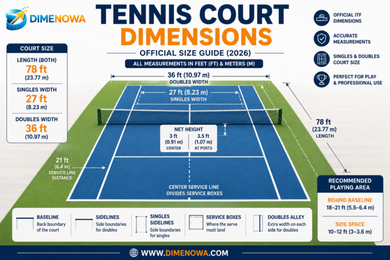 Official tennis court dimensions showing singles and doubles court size, net height, service boxes, and court layout