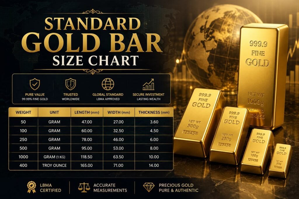 Gold bar dimensions infographic showing standard gold bar sizes, weights, and measurements in inches, centimeters, and millimeters.