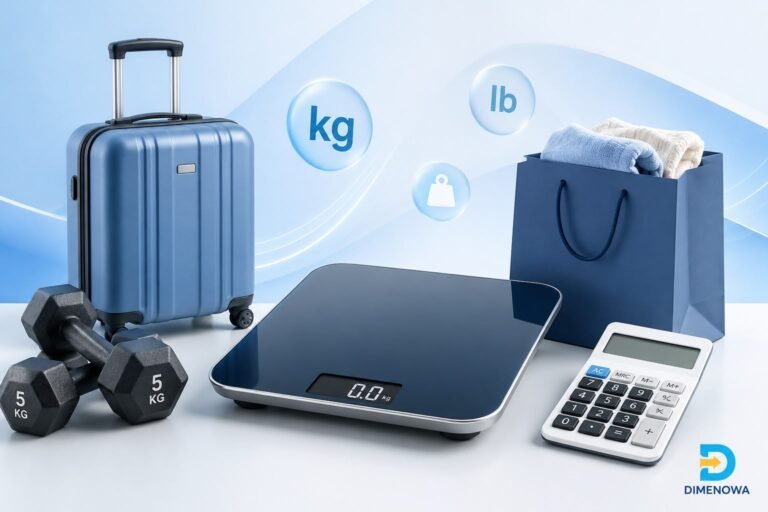 Pounds to kilogram conversion chart with weight scale, dumbbells, luggage, and measurement icons.