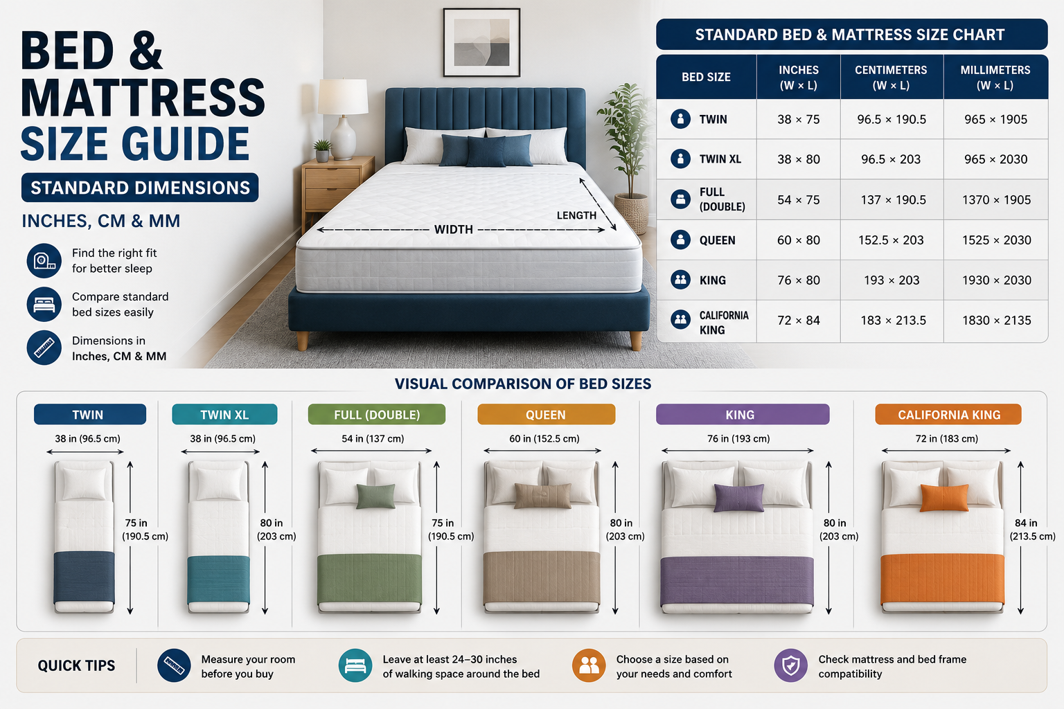 Bed and mattress size guide showing Twin, Full, Queen, King, and California King dimensions in inches, centimeters, and millimeters.