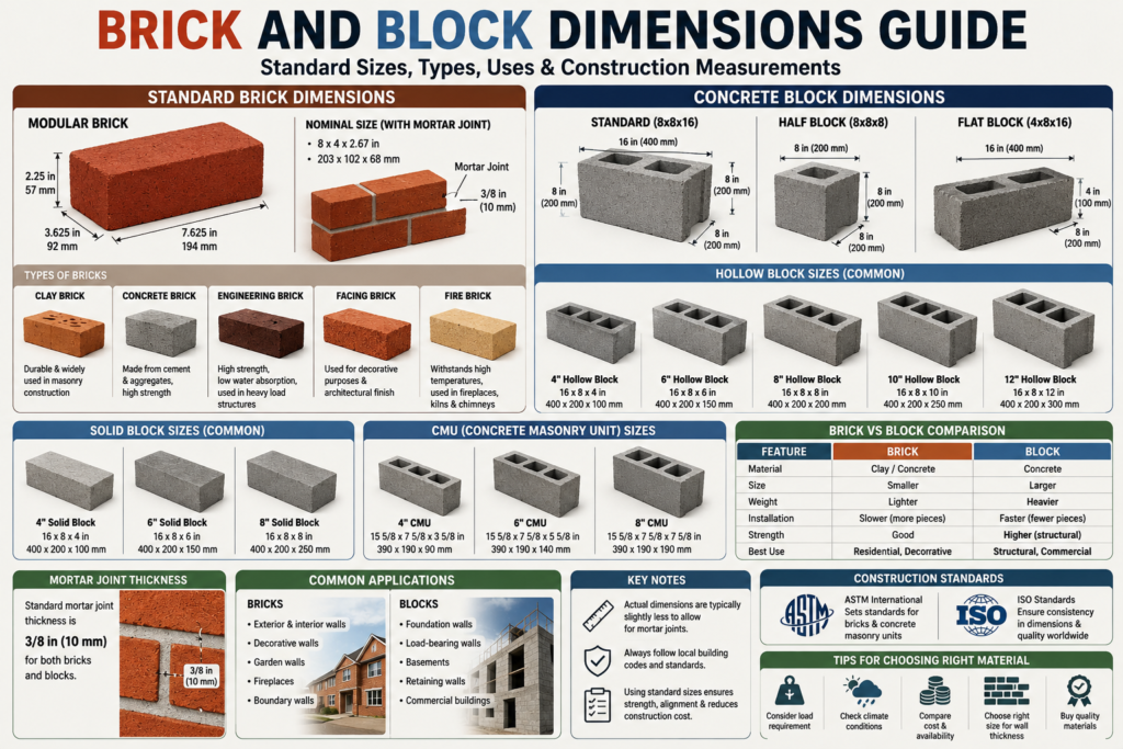 Brick and block dimensions infographic showing standard brick sizes, concrete block measurements, and construction size chart.