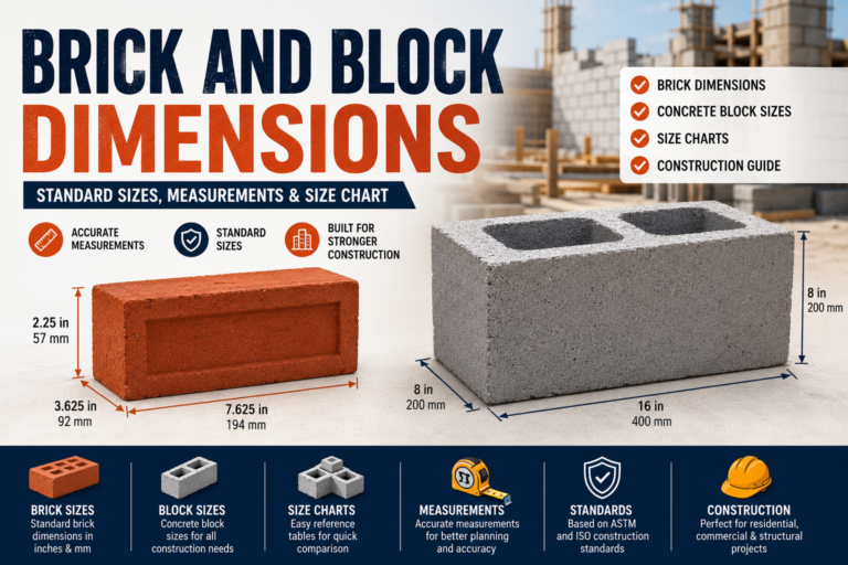 Alt Text Brick and block dimensions infographic showing standard brick sizes, concrete block measurements, and construction size chart.