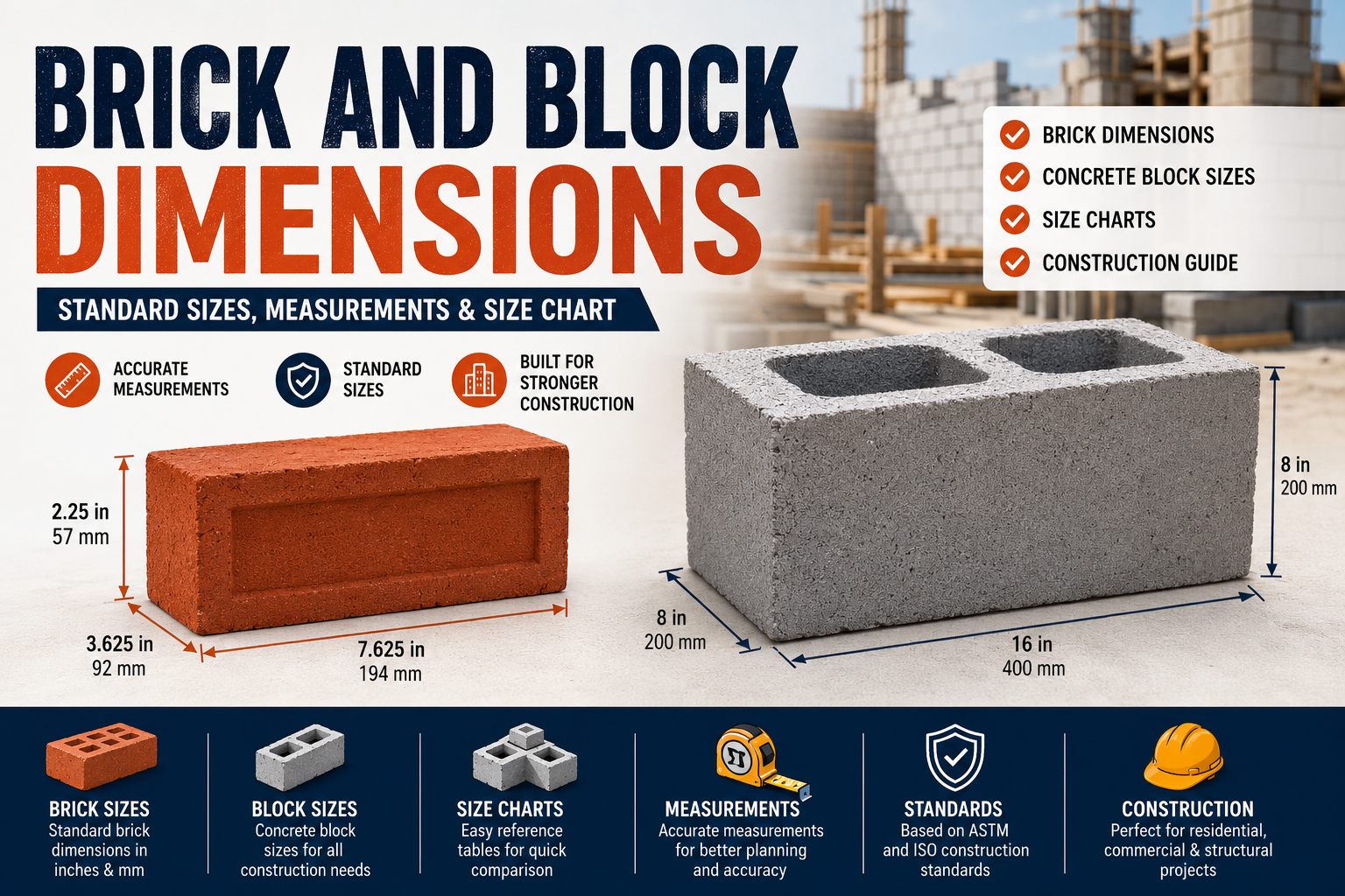 Alt Text Brick and block dimensions infographic showing standard brick sizes, concrete block measurements, and construction size chart.