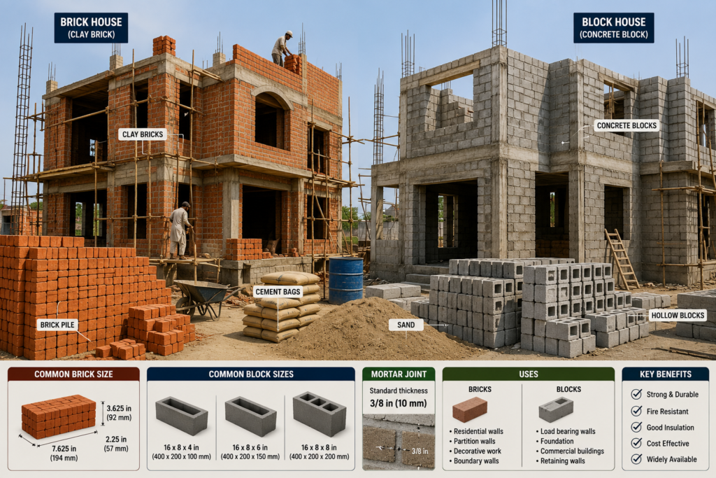 Brick and block dimensions infographic showing standard brick sizes, concrete block measurements, and construction size chart.
