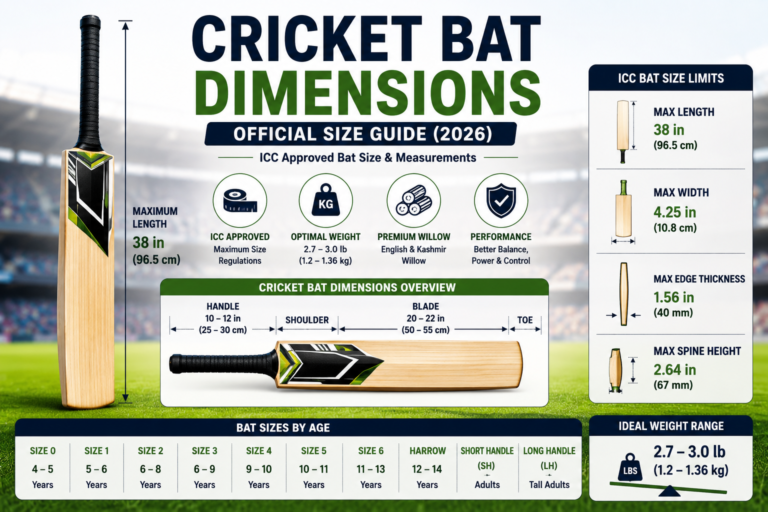 Official cricket bat dimensions showing bat length, width, blade size, handle, and ICC regulations