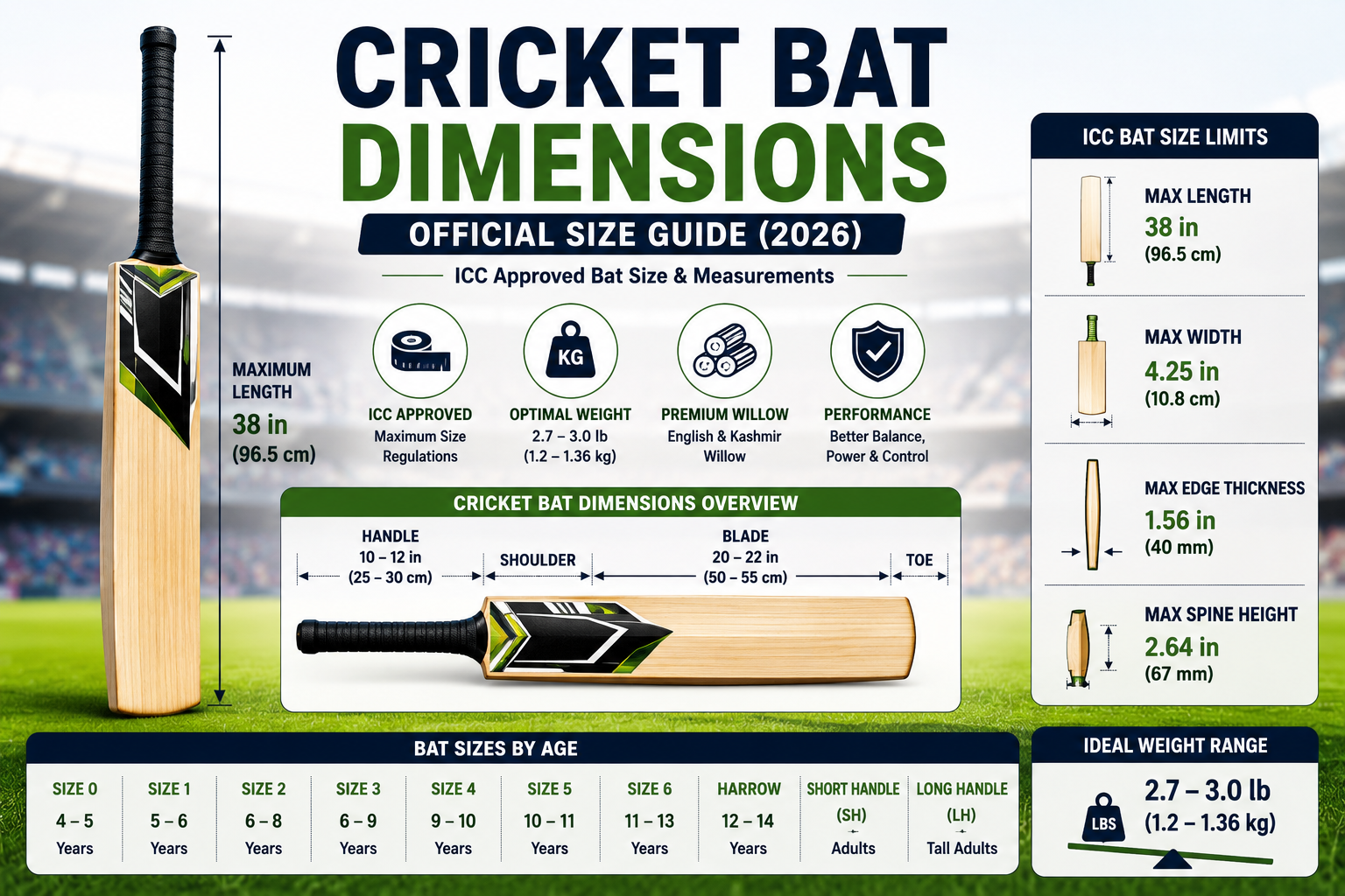 Official cricket bat dimensions showing bat length, width, blade size, handle, and ICC regulations