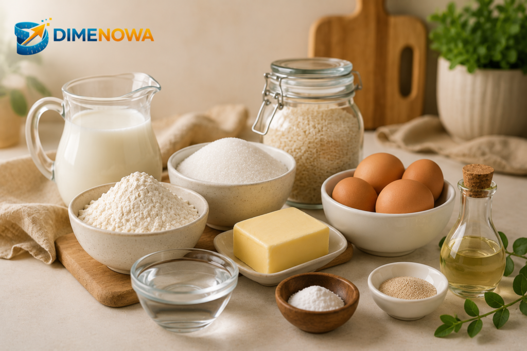 Ingredient-specific cups to grams conversion chart for flour, sugar, butter, rice, milk, and water.