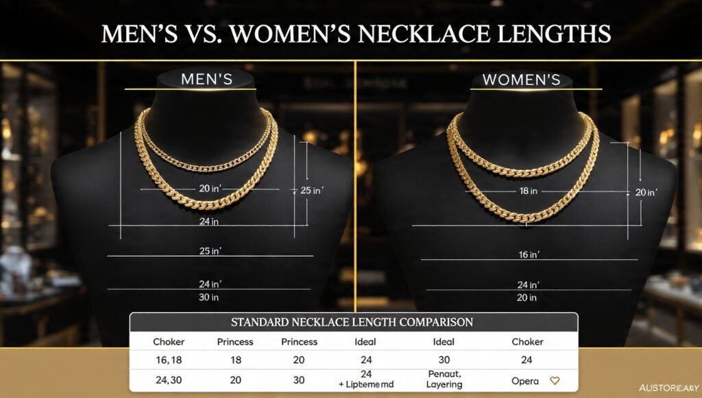 Men's vs women's gold necklace length comparison showing standard chain sizes and measurement guide.