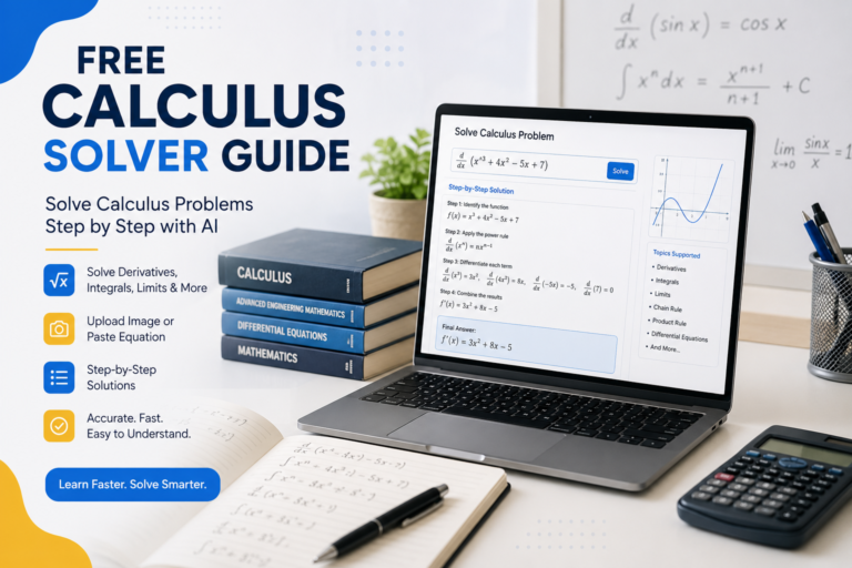 Student comparing manual calculus solving with an AI-powered math solver on a laptop.