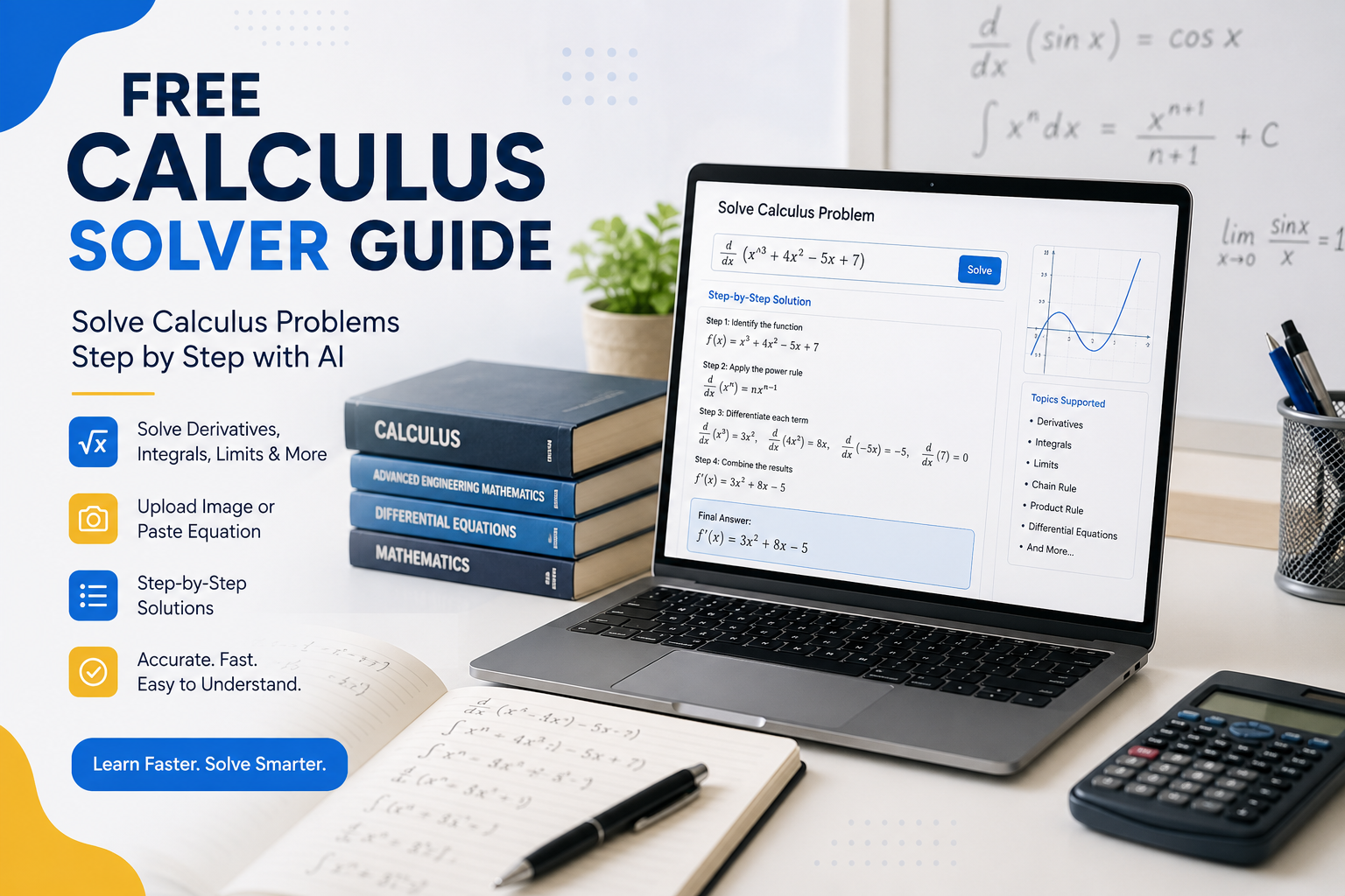 Student comparing manual calculus solving with an AI-powered math solver on a laptop.