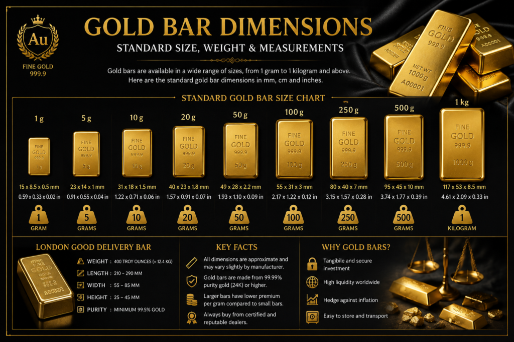 Gold bar dimensions chart showing standard gold bar sizes, weights, and measurements in inches, centimeters, and millimeters.