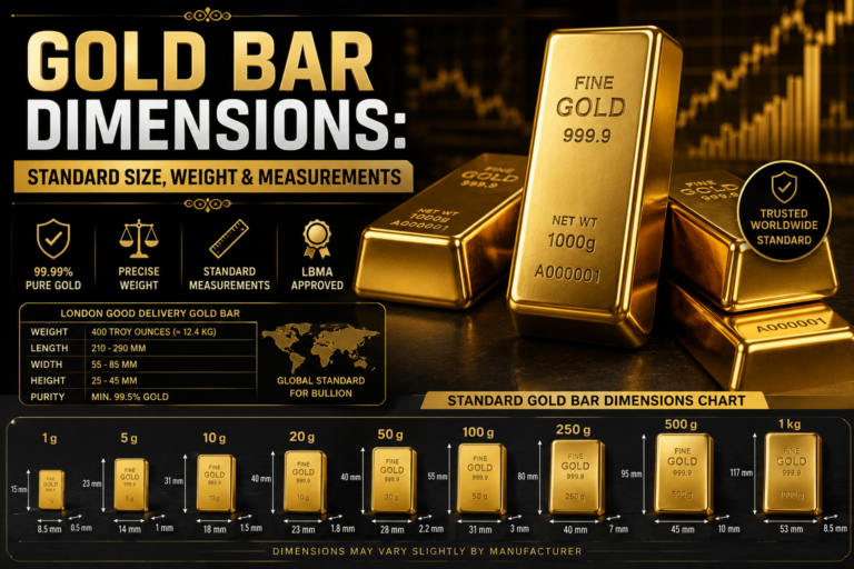 Gold bar dimensions infographic showing standard gold bar sizes, weights, and measurements in inches, centimeters, and millimeters.