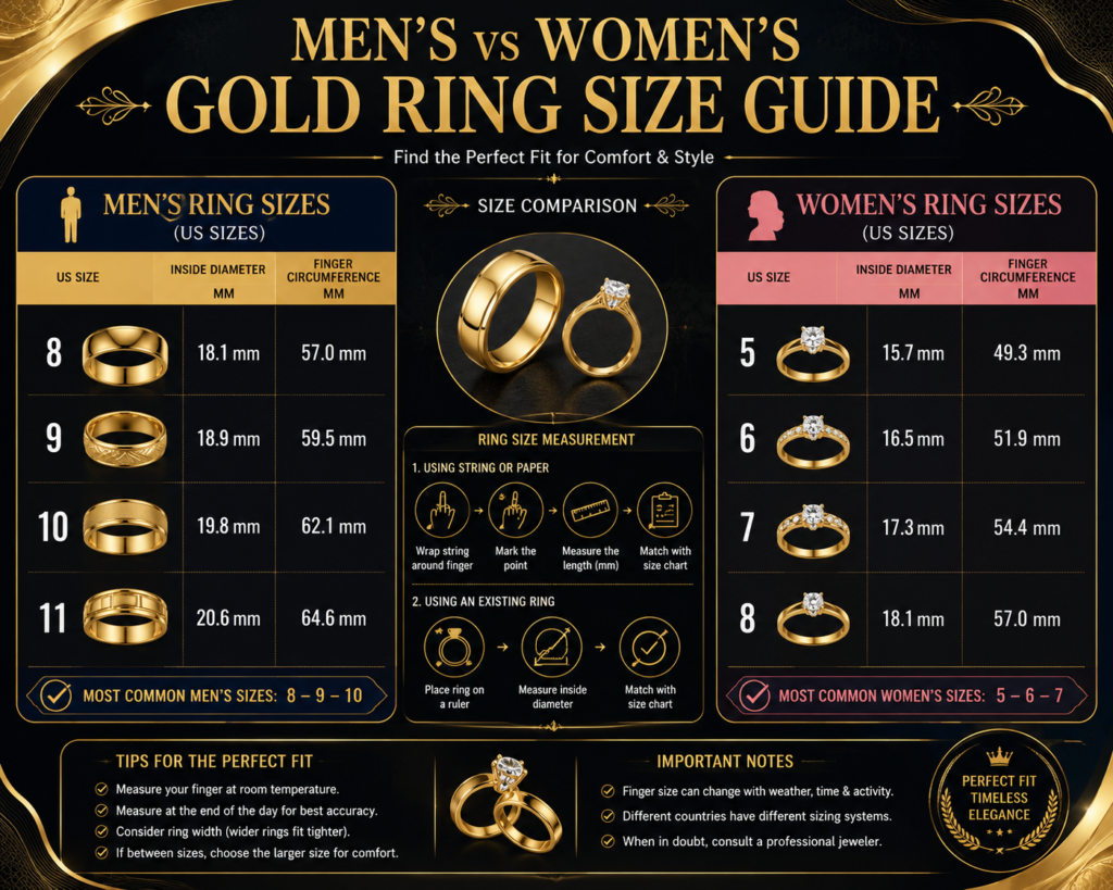 Men's vs women's gold ring size guide comparing standard US ring sizes, finger measurements, and size charts.