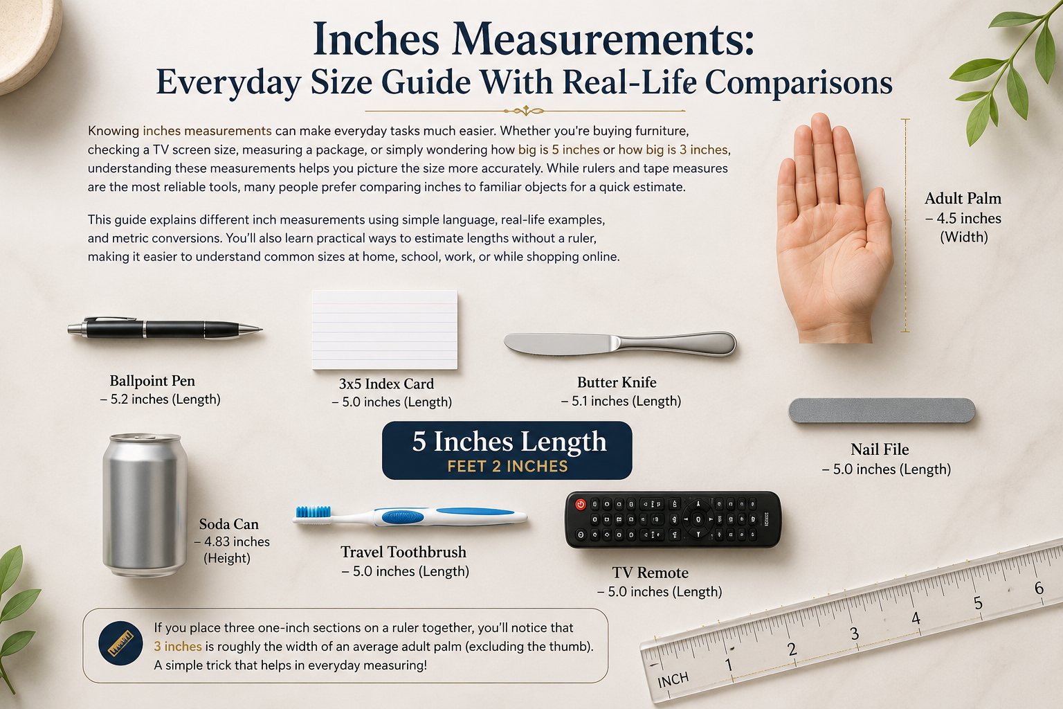 Everyday objects that are about 3 inches long with ruler comparison