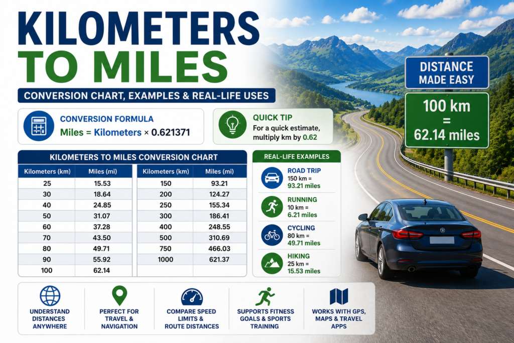 Kilometers to Miles conversion infographic with conversion formula, reference chart, common mistakes, quick tips, FAQs, and real-world distance examples.