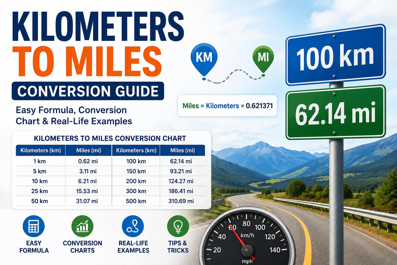 Kilometers to Miles conversion guide featuring the conversion formula, distance chart, road signs, and real-life travel examples.