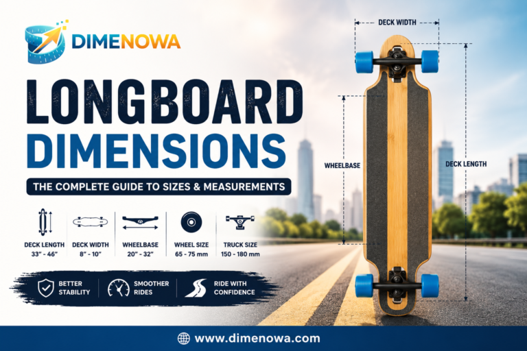Standard longboard dimensions showing deck length, width, wheelbase, truck width, and wheel sizes
