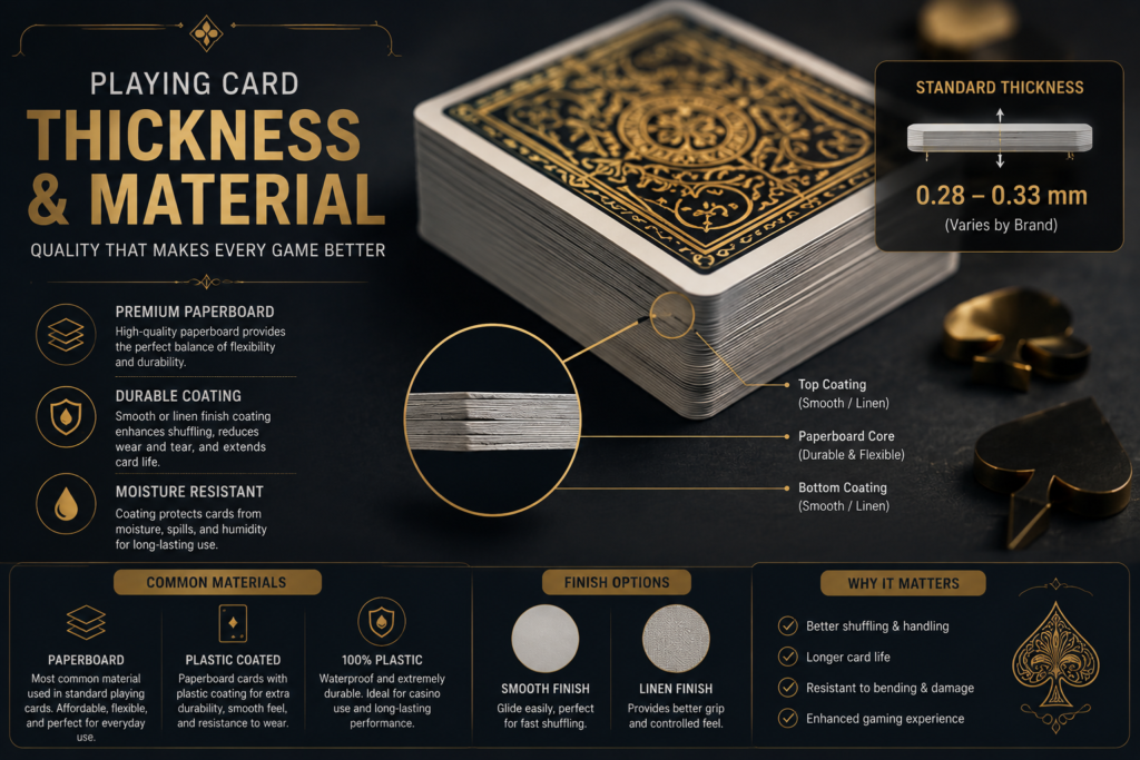 Playing card dimensions guide showing standard poker and bridge card sizes with measurements.
