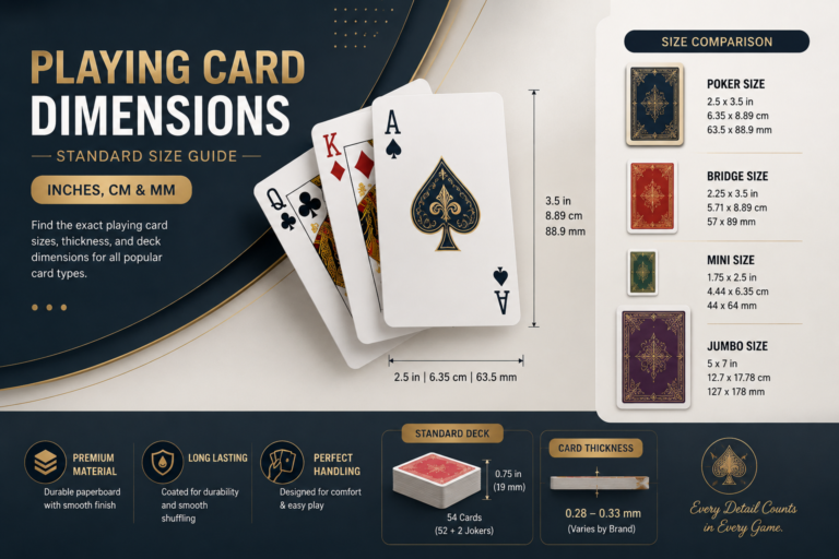 Playing card dimensions chart showing poker, bridge, mini, and jumbo card sizes in inches, centimeters, and millimeters.