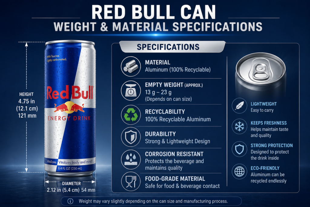 Red Bull can weight and material specifications infographic.