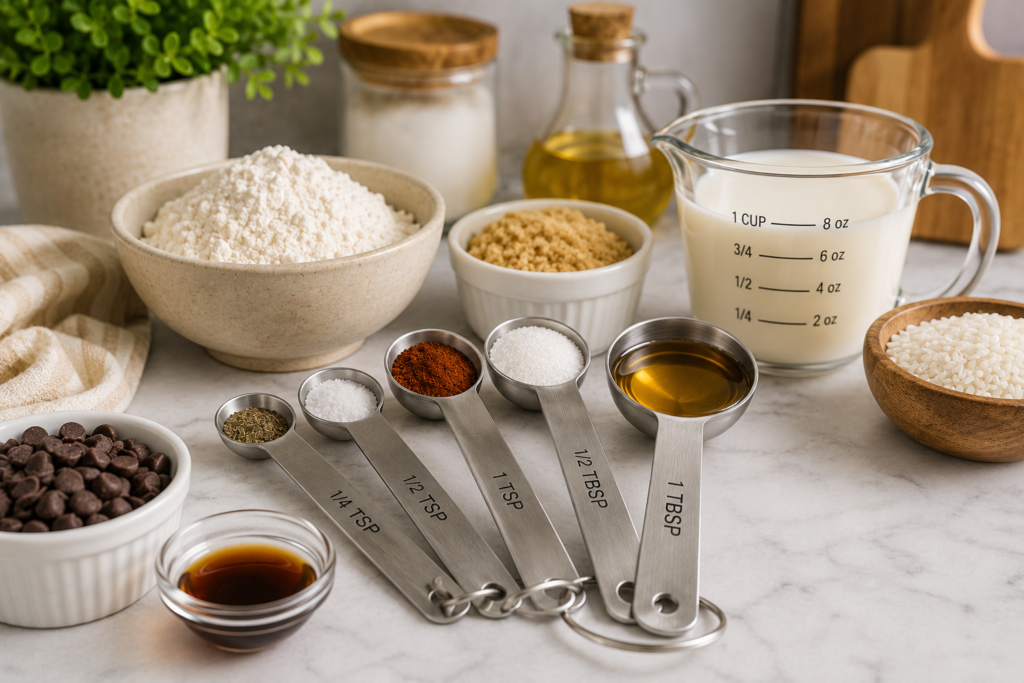 Kitchen measuring spoons with common ingredients illustrating teaspoon to tablespoon conversions.
