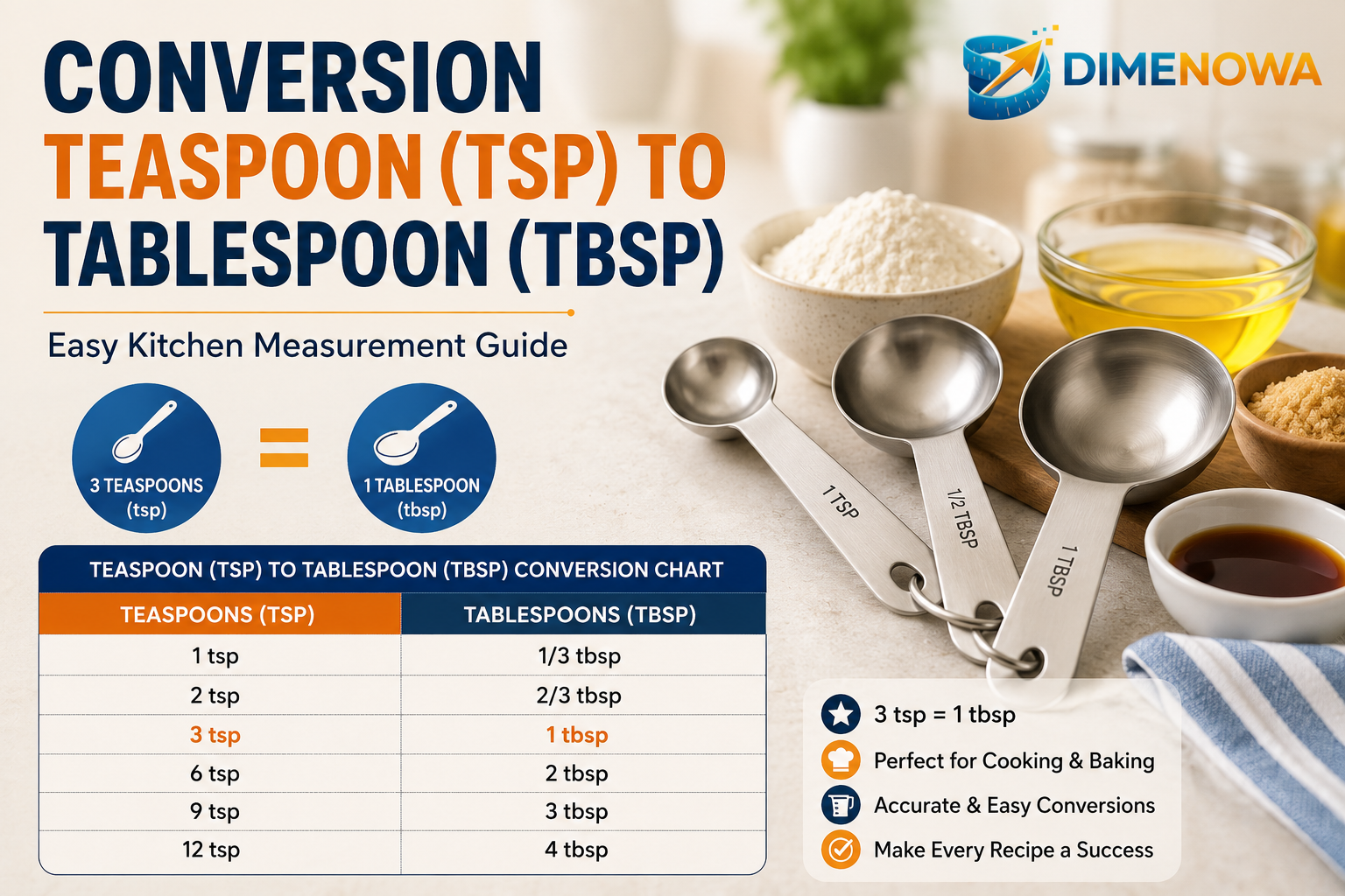 Kitchen measuring spoons with common ingredients illustrating teaspoon to tablespoon conversions.
