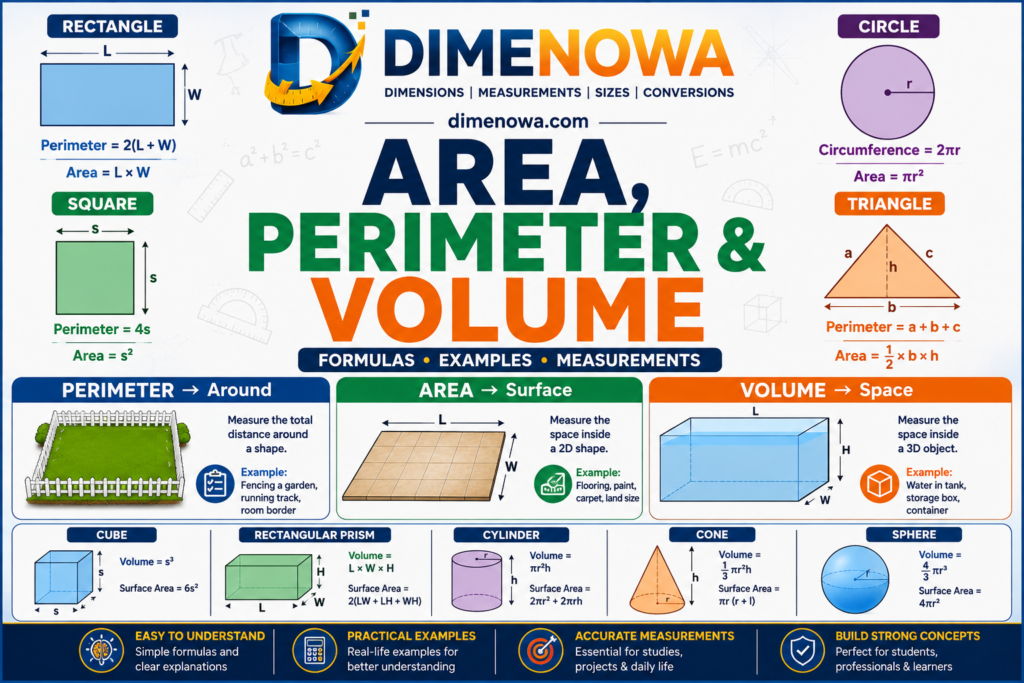 Area perimeter and volume formulas for common geometric shapes
