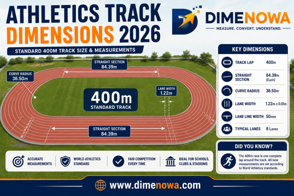 Athletics track dimensions showing standard 400m track layout and lane measurements