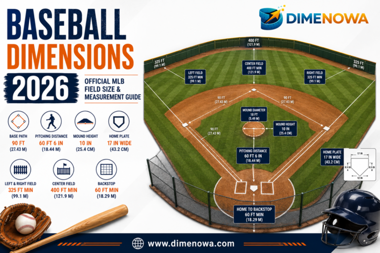 Baseball Dimensions 2026 infographic showing official MLB field measurements, baseball diamond, pitching mound, bases, and outfield layout