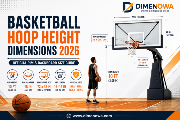 Basketball Hoop Height Dimensions 2026 infographic showing official rim height, backboard dimensions, rim diameter, and pole measurements