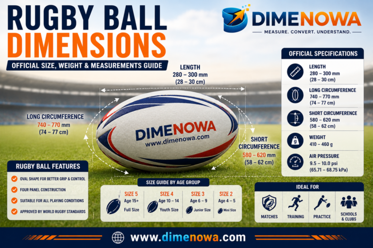 Rugby ball dimensions showing official length, circumference, weight and measurements