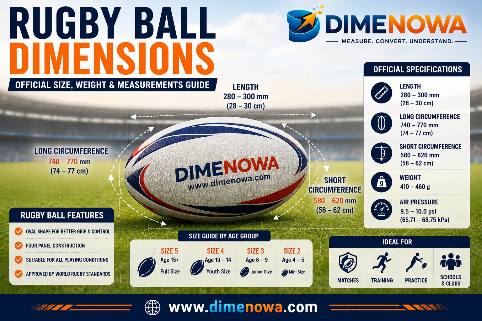 Rugby ball dimensions showing official length, circumference, weight and measurements