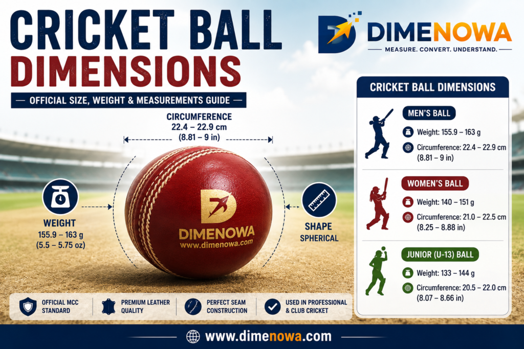 Cricket ball dimensions showing official size, weight and circumference measurements