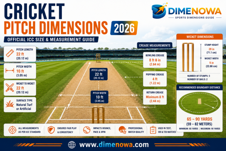 Cricket Pitch Dimensions 2026 infographic showing official ICC pitch length, crease measurements, wicket dimensions, and field layout