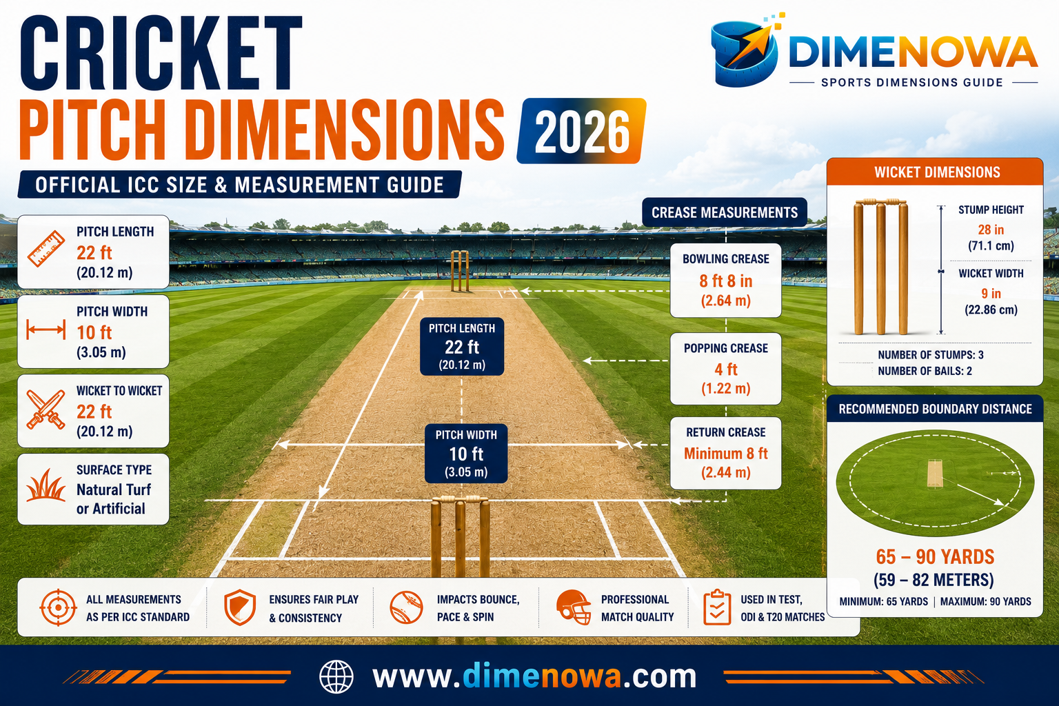 Cricket Pitch Dimensions 2026 infographic showing official ICC pitch length, crease measurements, wicket dimensions, and field layout