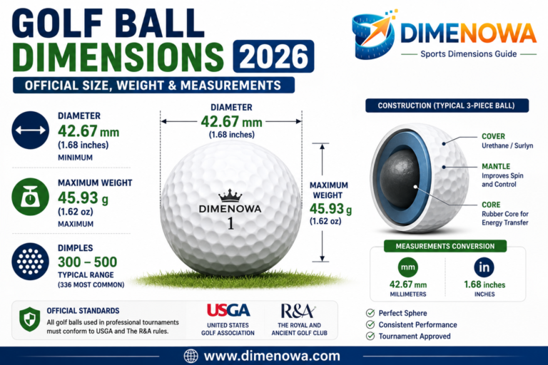 Official Golf Ball Dimensions 2026 infographic showing golf ball diameter, weight, dimple pattern, and measurements in millimeters and inches