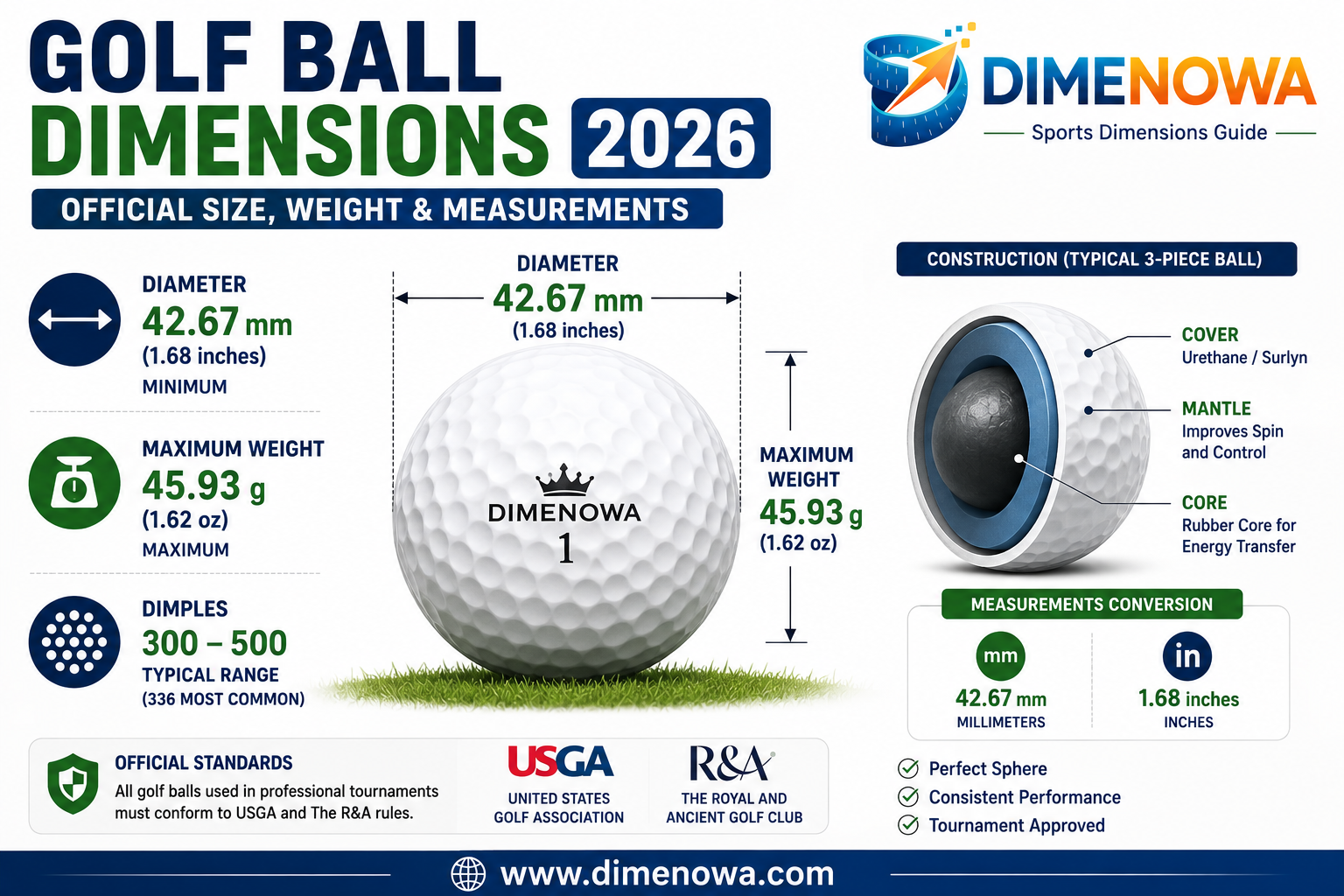 Official Golf Ball Dimensions 2026 infographic showing golf ball diameter, weight, dimple pattern, and measurements in millimeters and inches