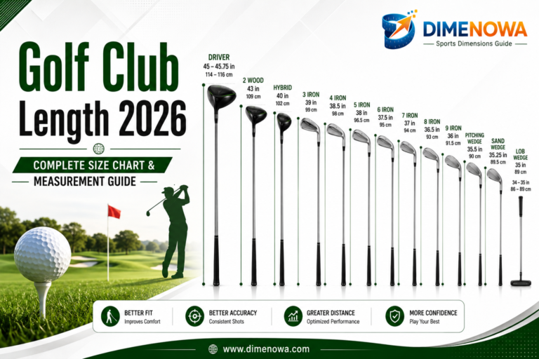 Golf Club Length 2026 infographic showing standard driver, wood, hybrid, iron, wedge, and putter lengths in inches and centimeters with a complete golf club size chart