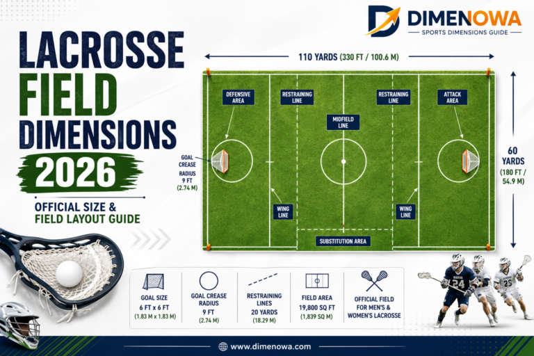 Lacrosse Field Dimensions 2026 infographic showing official field size, goal crease, markings, and playing zones in feet and meters