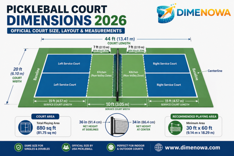 Official Pickleball Court Dimensions 2026 showing court size, kitchen, net height, and measurements in feet and meters