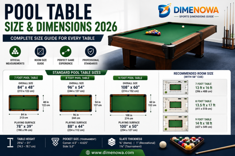 Pool Table Size and Dimensions 2026 infographic showing 7 ft, 8 ft, and 9 ft pool table measurements with room size chart