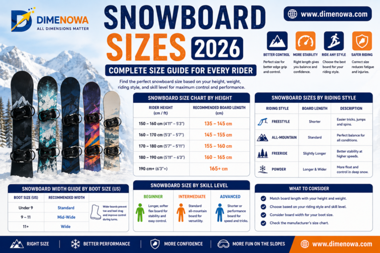 Snowboard size chart showing recommended snowboard lengths by rider height and weight