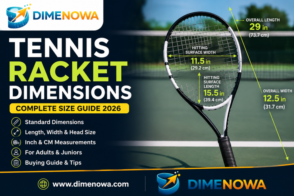 Tennis racket dimensions showing standard length, width, and hitting surface measurements