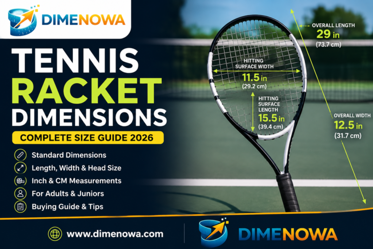 Tennis racket dimensions showing standard length, width, and hitting surface measurements